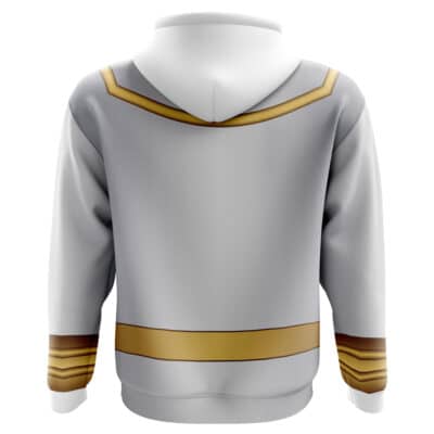 The Gokai Blue Cosplay Kaizoku Sentai Gokaiger Hoodie (Copy) is a gray hoodie with gold trim, two gold stripes on each sleeve, and a gold band across the lower back, shown from the rear view.