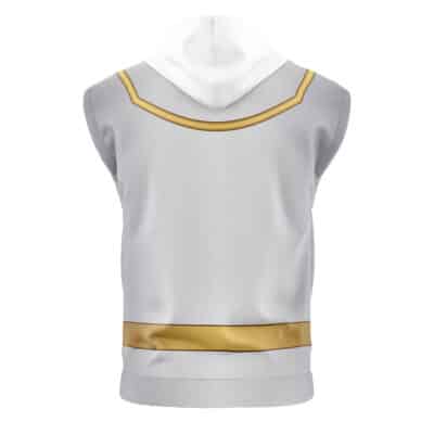 Gokai Blue Cosplay Kaizoku Sentai Gokaiger Sleeveless Hoodie (Copy) features a white hood, light gray body, and gold trim near the shoulders and waist, shown from the back.