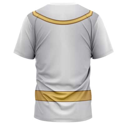 The Gokai Blue Cosplay Kaizoku Sentai Gokaiger T-Shirt (Copy) is a white short-sleeve shirt with two gold bands on the back—one across the shoulders, one around the lower back—and subtle fabric wrinkles.