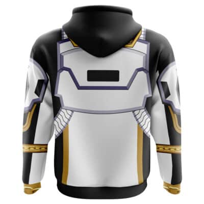 The Kuwagata Ohger Cosplay Ohsama Sentai King-Ohger Hoodie (Copy) features a printed back design in white, gold, black, and gray with stylized shoulder plates, segmented futuristic armor, and metallic-like details.