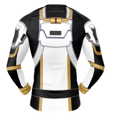 The Kuwagata Ohger Cosplay Ohsama Sentai King-Ohger Long Sleeve Rash Guard Compression Shirt features a white, black, and gold futuristic armor print with chains, shoulder pads, and a keyhole symbol on the upper back.