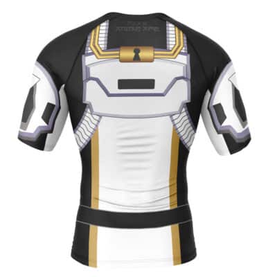 The Kuwagata Ohger Cosplay Ohsama Sentai King-Ohger Short Sleeve Rash Guard Compression Shirt features a white, gold, black, and gray futuristic armor design on the back with geometric patterns and a keyhole symbol.