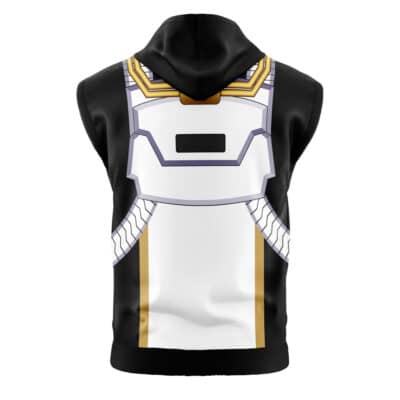 The Kuwagata Ohger Cosplay Ohsama Sentai King-Ohger Sleeveless Hoodie features a sleeveless black design with white, gold, and gray futuristic armor print on the back, inspired by sci-fi superhero costumes.