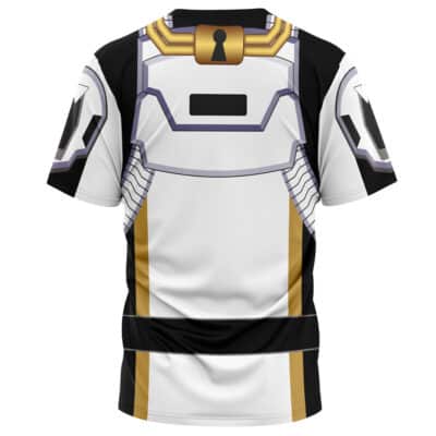 The Kuwagata Ohger Cosplay Ohsama Sentai King-Ohger T-Shirt (Copy) features a back design resembling white and gold armor with black and purple accents, plus a keyhole symbol at the upper center.