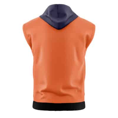 The Johnny Joestar Anime Jojo’s Bizarre Adventure Steel Ball Run Sleeveless Hoodie features an orange design with a black waistband and dark hood, displayed from the back on a plain white background.