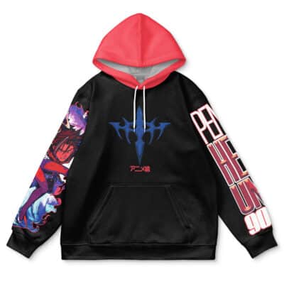 The Perona One Piece Streetwear Hoodie is black with a red hood, anime-style sleeve art, bold right sleeve text, and features a blue and red graphic with Japanese characters on the front.