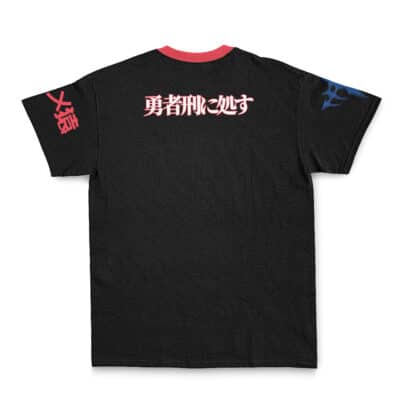 The Perona One Piece Streetwear T-Shirt features red and white Japanese text on the back, red text on the left sleeve, a blue flame on the right sleeve, and a red collar. Image shows the shirt laid flat with its back facing up.
