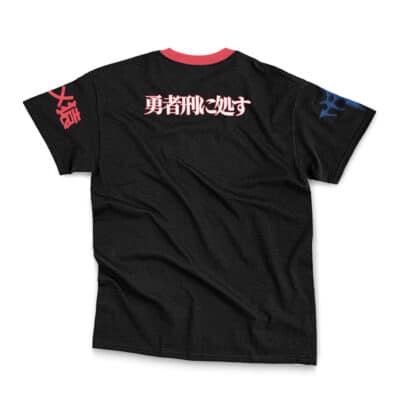The Perona One Piece Streetwear T-Shirt (Copy) is black with white Japanese characters on the upper back, red text on the left sleeve, a blue symbol on the right sleeve, and a red collar. The shirt is shown laid flat with the back visible.