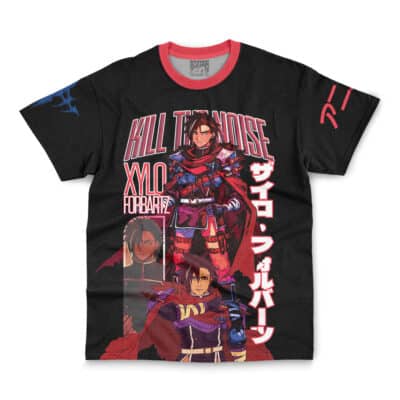 The Perona One Piece Streetwear T-Shirt is black with red trim, showcasing anime-style art of Perona in armor. Bold “KILL THE NOISE” and “XYLO FOR BARE,” plus Japanese characters, decorate the front and sleeves.