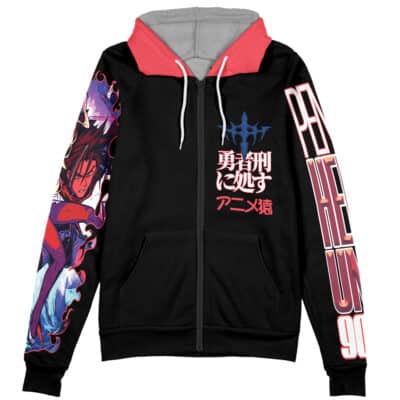 The Perona One Piece Streetwear Zip Hoodie Jacket features anime-style art on the left sleeve, bold pink PERSEUS text on the right, and white and red Japanese characters with a blue emblem on the front.