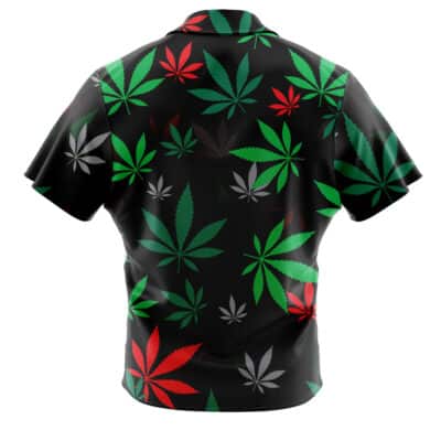 The Default Button Up Hawaiian Shirt (Copy) is a black short-sleeved shirt with red, green, and gray marijuana leaves of various sizes scattered across the fabric, shown from the back.