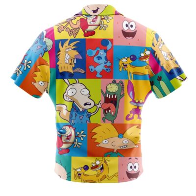 The Default Button Up Hawaiian Shirt (Copy) features a vibrant patchwork of cartoon characters, each in expressive poses, set against a grid of red, blue, orange, yellow, and green squares on a short-sleeve design.