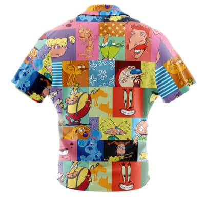The Default Button Up Hawaiian Shirt (Copy) features a vibrant patchwork of cartoon characters and patterns from classic animated TV shows, with exaggerated expressions and bold, colorful backgrounds.