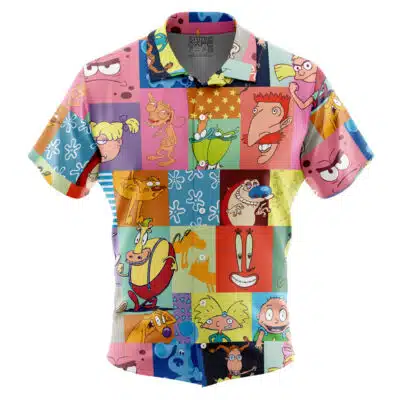 The Default Button Up Hawaiian Shirt (Copy) is a vibrant short-sleeve shirt with a patchwork of classic 1990s Nickelodeon cartoon characters on pink, blue, green, and orange backgrounds.