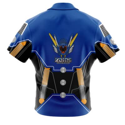 The Default Button Up Hawaiian Shirt (Copy) (Copy) is blue and black with yellow and orange accents, showcasing a mechanical design, a ZOIDS logo, a stylized robotic animal face, and crossed yellow swords on the back.