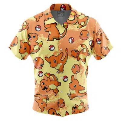 Charmander Pattern Pokemon Short Sleeve Button Up Hawaiian Shirt