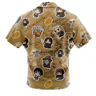 The Default Button Up Hawaiian Shirt features a beige map pattern with cartoon Lord of the Rings characters like Frodo, Gollum, Gandalf, Legolas, and gold rings scattered across the fabric.