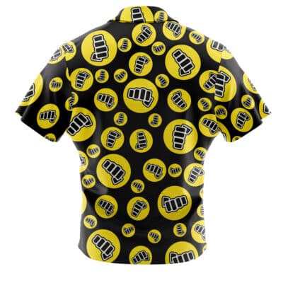 The Default Button Up Hawaiian Shirt (Copy) is a short-sleeve shirt with a black base, featuring yellow circles patterned across the fabric, each displaying a stylized white fist logo outlined in black.