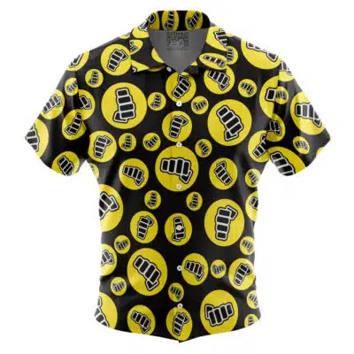 The Default Button Up Hawaiian Shirt (Copy) features a bold, repeating pattern of large and small yellow circles with black-and-white fist symbols on a black short-sleeve button-up design.
