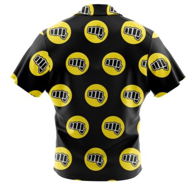 The Default Button Up Hawaiian Shirt (Copy) features black short sleeves and a repeating pattern of yellow circles, each with a white fist icon outlined in black, displayed from the back.