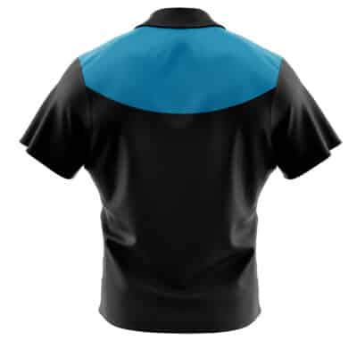 Back view of the Default Button Up Hawaiian Shirt (Copy) with short sleeves, black body and sleeves, and a bright blue yoke panel across the shoulders and upper back.