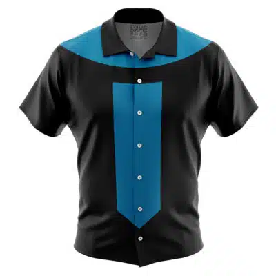 The Default Button Up Hawaiian Shirt features a black base with bold blue geometric accents on the chest and front for a modern, stylish look.