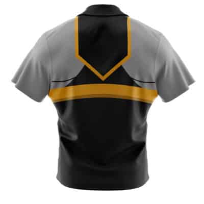 Back view of the Default Button Up Hawaiian Shirt, featuring short sleeves, a black lower section, gray sleeves and upper shoulders, with gold and black geometric accents on the upper back and shoulders.