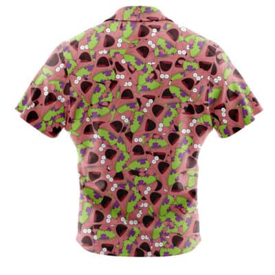 The Default Button Up Hawaiian Shirt (Copy) (Copy) is a short-sleeve shirt with an all-over print of cartoon pink starfish with wide mouths and bulging eyes, arranged at various angles on a light background.