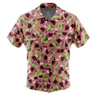 The Default Button Up Hawaiian Shirt (Copy) (Copy) features a vibrant pink and red pattern with cartoon faces, showcasing wide open mouths, bulging eyes, and green tongues.