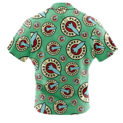 The Default Button Up Hawaiian Shirt (Copy) (Copy) is a short-sleeve button-up with a green background and a repeating Planet Express logo from Futurama, showing a red spaceship and circular text design.