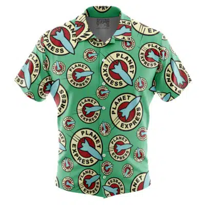 The Default Button Up Hawaiian Shirt (Copy) (Copy) is a short-sleeve, green button-up featuring a repeated Planet Express logo from Futurama—a red spaceship with yellow trails in a circular badge.