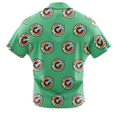 The Default Button Up Hawaiian Shirt (Copy) (Copy) is a green short-sleeve shirt with a repeated Planet Express logo pattern from Futurama, shown from the back.