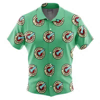 The Default Button Up Hawaiian Shirt (Copy) (Copy) is a green short-sleeve shirt with an all-over pattern of the Planet Express logo—a red rocket inside a yellow circle with black text.