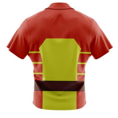 The Default Button Up Hawaiian Shirt (Copy) is a short-sleeve polo viewed from the back, mainly red with a large yellow panel, brown horizontal stripe, yellow side stripes, a collar, and appears to be made of smooth fabric.