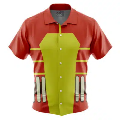 The Default Button Up Hawaiian Shirt (Copy) features short sleeves, a bold design inspired by Iron Man’s armor with red sleeves and shoulders, a yellow chest panel, and eye-catching graphic details in silver, white, and red on the lower front.