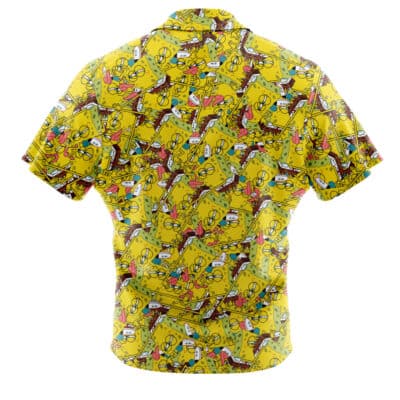 The Default Button Up Hawaiian Shirt (Copy) (Copy) is a short-sleeved shirt with a bright yellow background, decorated with bold, colorful abstract shapes, cartoon faces, and playful doodles.
