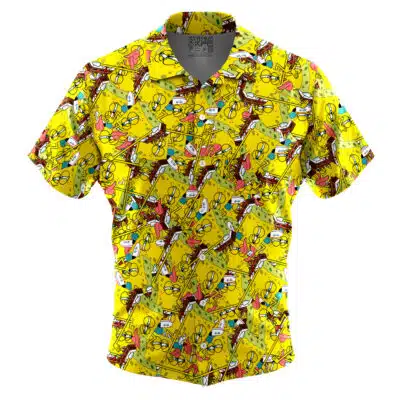 Default Button Up Hawaiian Shirt (Copy) (Copy) is a short-sleeved, button-up shirt featuring a vibrant yellow pattern with cartoon SpongeBob SquarePants images, comic-style graphics, and speech bubbles.