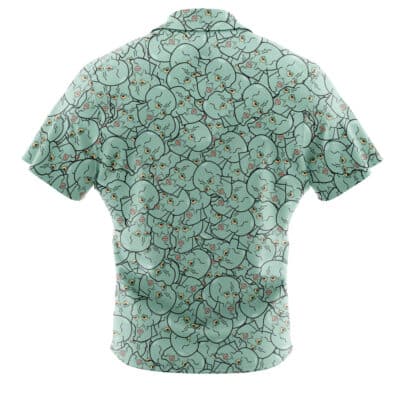 The Default Button Up Hawaiian Shirt (Copy) (Copy) is a short-sleeve, light blue shirt with overlapping elephant faces in black outlines, accented by red and orange flowers.
