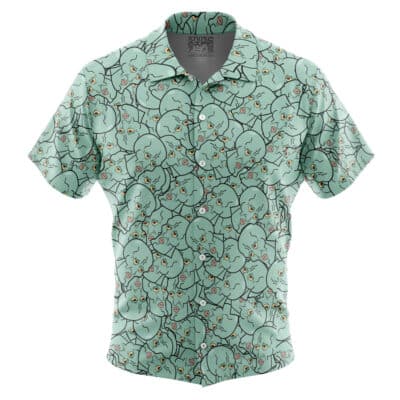 The Default Button Up Hawaiian Shirt features short sleeves, a light green background, and a playful all-over pattern of cartoon-style elephants in black outlines.