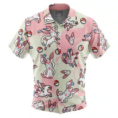 Sylveon Pattern Pokemon Short Sleeve Button Up Hawaiian Shirt