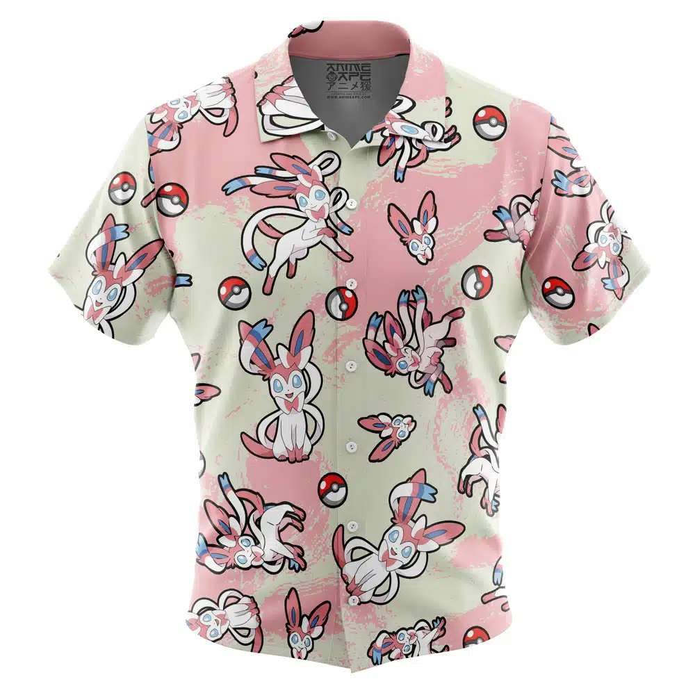 Sylveon Pattern Pokemon Short Sleeve Button Up Hawaiian Shirt