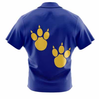 A blue Default Button Up Hawaiian Shirt (Copy) with short sleeves, shown from the back and featuring two large yellow paw prints on the upper back.
