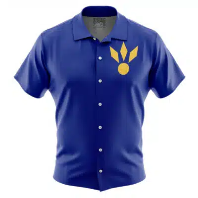 The Default Button Up Hawaiian Shirt (Copy) is royal blue with short sleeves and a yellow abstract symbol—three upward shapes and a circle—on the left chest.