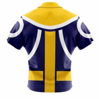 The Default Button Up Hawaiian Shirt (Copy) is a short-sleeve shirt with a bold geometric design in yellow, navy blue, and white, featuring prominent curved and straight lines on the back.