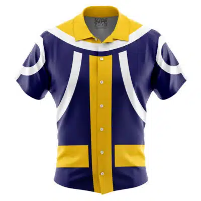 The Default Button Up Hawaiian Shirt features a bold graphic design in navy blue, yellow, and white with geometric shapes and lines for a superhero-inspired look.