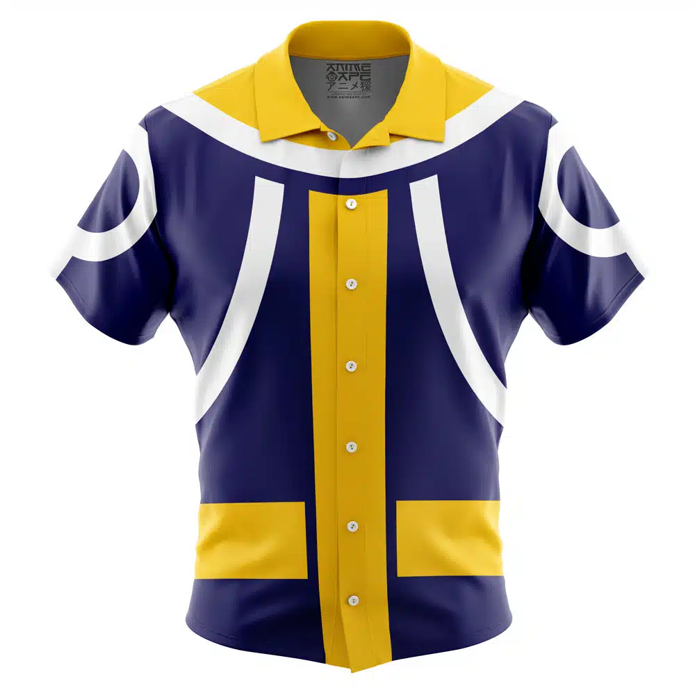 The Default Button Up Hawaiian Shirt features a bold graphic design in navy blue, yellow, and white with geometric shapes and lines for a superhero-inspired look.