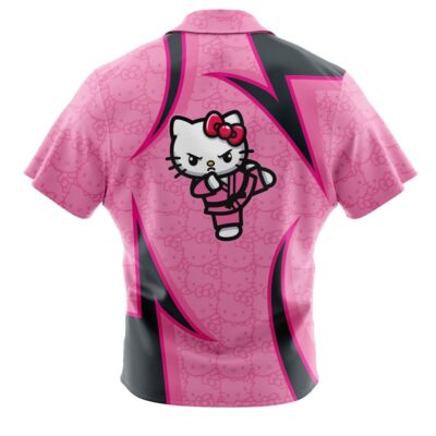 The Default Button Up Hawaiian Shirt (Copy) is a pink short-sleeve shirt with black and dark pink zigzag patterns, featuring a cartoon cat in a karate uniform with a red bow, plus subtle cat face outlines in the background.