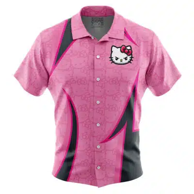 The Default Button Up Hawaiian Shirt (Copy) is a short-sleeved, button-up shirt with a pink and black design, Hello Kitty's face on the left chest, and a subtle background pattern of Hello Kitty faces.