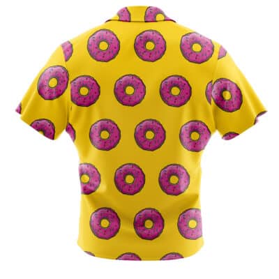 The Default Button Up Hawaiian Shirt (Copy) (Copy) is a short-sleeve yellow shirt with a repeating pattern of pink frosted donuts with sprinkles, shown from the back.
