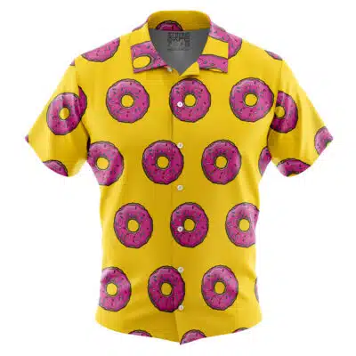 The Default Button Up Hawaiian Shirt (Copy) (Copy) is a short-sleeve yellow shirt with a repeating pattern of pink frosted donuts and sprinkles.